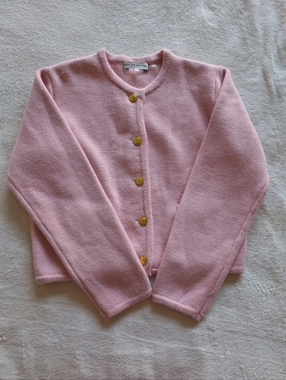 English Factory Pink Cardigan Sweater Jacket Women L Gold Buttons Wool Blend L